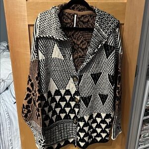 Free People Black and White Patterned Knit Hoodie